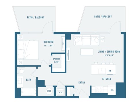 A floor plan of a house with a bedroom, living/dining room, kitchen, bath, and a spacious closet.